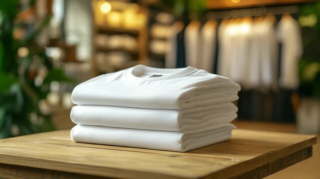 Stacked white T-shirts on a wooden table showing a clothing store display during daytime