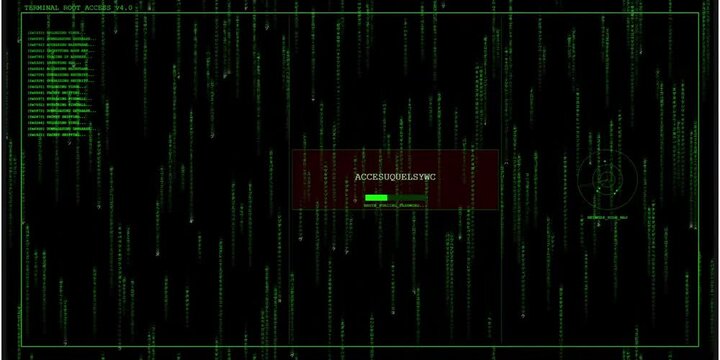 A hacker terminal screen displaying a matrix of green code streams with a red alert box and blurry text in a digital environment from a frontal viewpoint