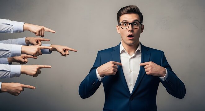 A businessman with a shocked expression is pointed at by multiple hands, suggesting blame or accusation