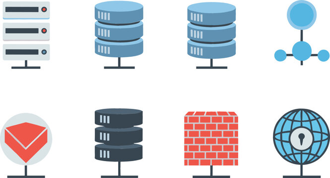 Vector illustration set of network infrastructure and data security featuring server units, database storage, and global firewall 