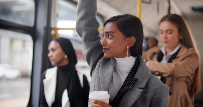 Woman, coffee and travel on bus for business, smile and work employee or passenger. Public, transportation and journey with female worker, morning routine and metro commute in urban down or city