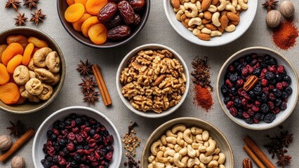 Fototapeta premium A delightful assortment of dried fruits, nuts, and spices arrang