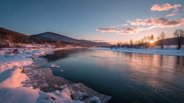 Late winter landscape with melting snow and warm sunset over a calm river