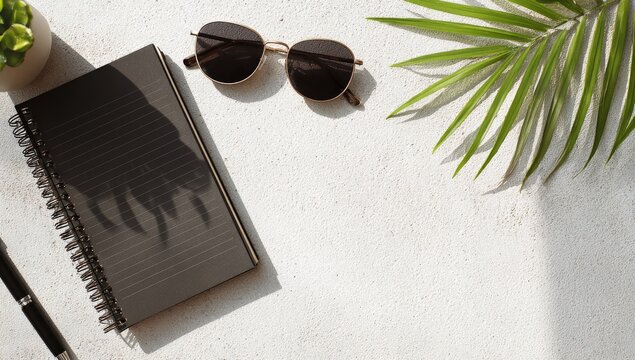 Overhead shot of a workspace featuring sunglasses, notebook, pen, plant, and palm frond