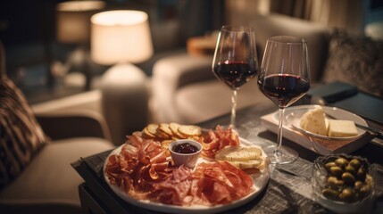 A table with a plate of food and two wine glasses