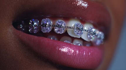 A woman's teeth are covered in glittery braces