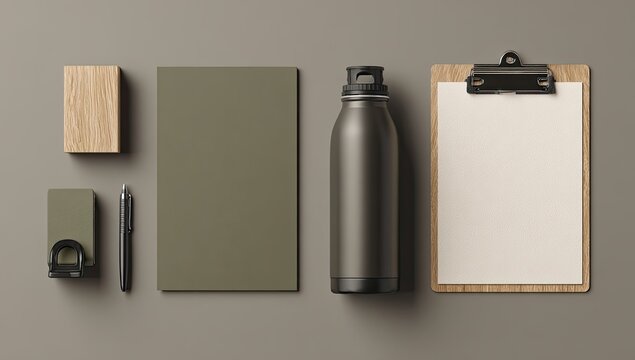 Overhead view of stationery set wood block, journal, bottle, clipboard, pen, paper, business cards