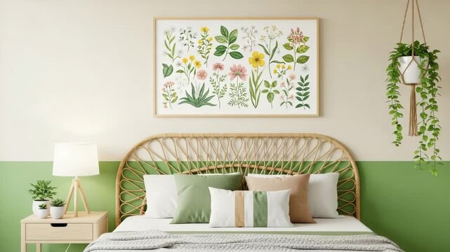 Cozy bedroom with green and white decor and a rattan bed frame and a floral painting on the wall above it