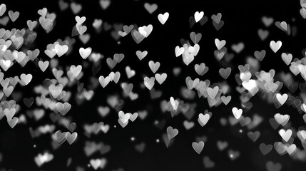 A black and white photo of many small white hearts scattered across the image