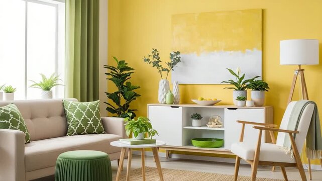 Vibrant living room with yellow walls and green accents, plants and furniture