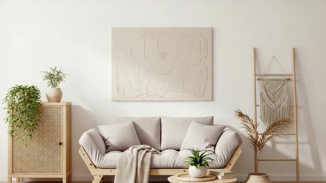 Cozy living room with beige couch and plants on wooden table and shelf with white walls and large painting