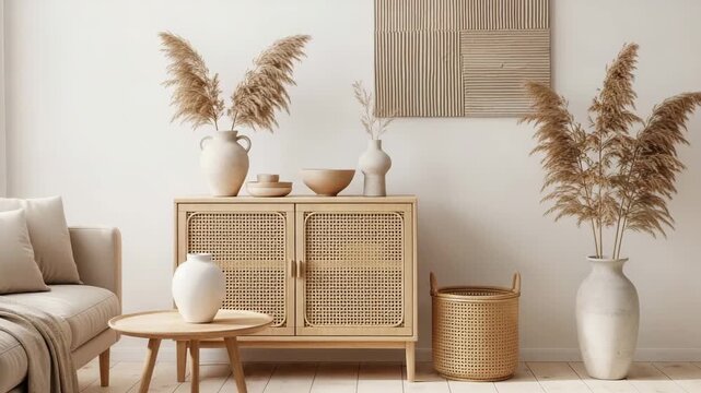 Modern living room with wicker cabinet, pampas in vases, and beige couch with wooden coffee table and woven basket