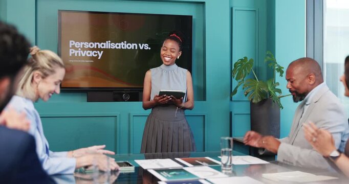 Applause, meeting and tablet with business woman in office for personalization vs privacy workshop. App, presentation and review with employees clapping in boardroom for discussion of user experience