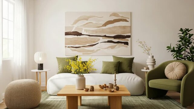 Elegant living room with green chair and white sofa and wooden coffee table