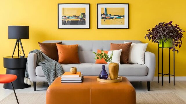 A stylish living room with a gray couch and orange pillows against a yellow wall with two paintings