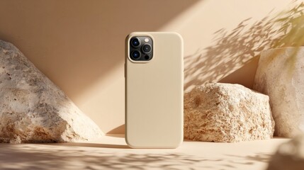 A phone case is shown on a rock
