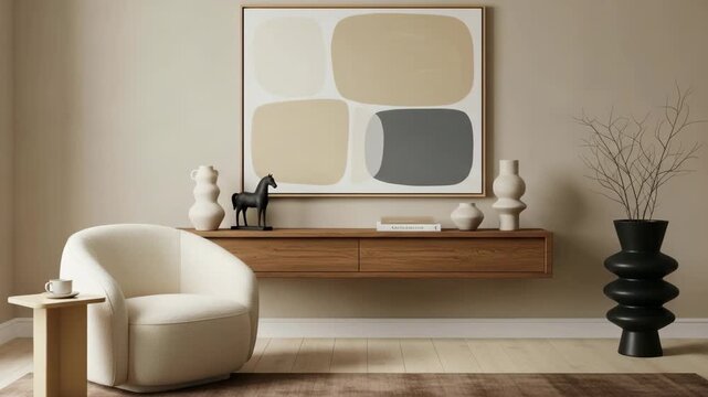 Elegant interior design with white armchair and wooden console table under abstract art