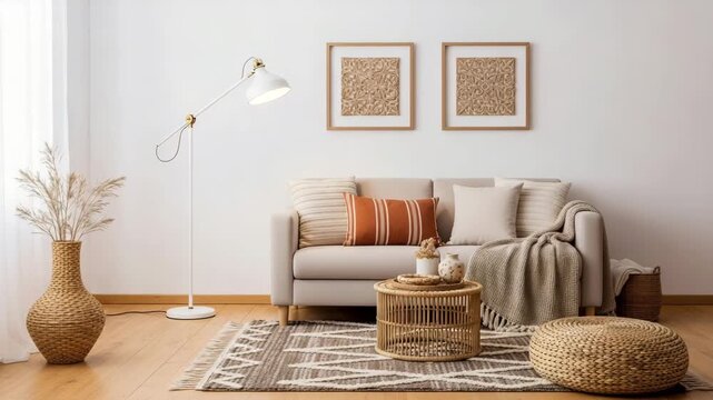 Cozy living room with beige couch and wicker furniture on a rug with a white lamp