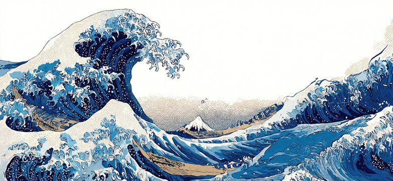 A stylized Japanese woodblock print depicts a large, curling wave and distant mountain