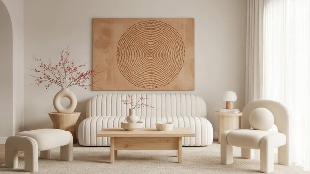 Elegant living room with white furniture and circular art piece on wall