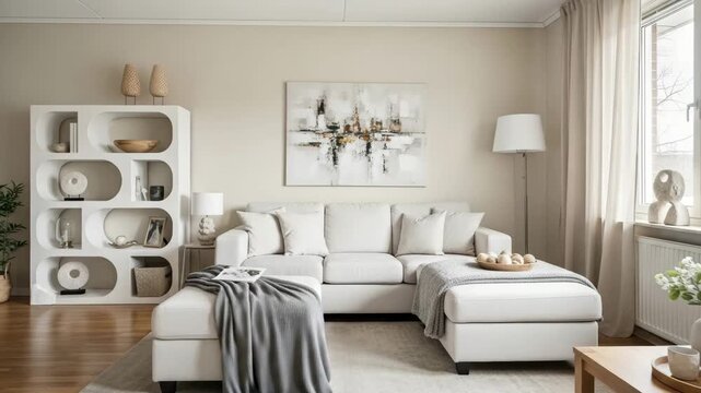 Modern living room with white couch and chaise lounge in a beige color scheme with wooden accents and plants