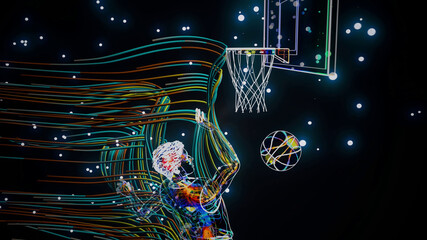 Conceptual 3D illustration of a basketball player dunking motion design