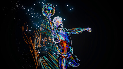 Conceptual 3D illustration of a basketball player dunking motion design