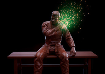 Conceptual 3D illustration of a karate athlete with shoulder pain