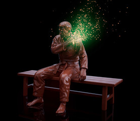 Conceptual 3D illustration of a karate athlete with shoulder pain