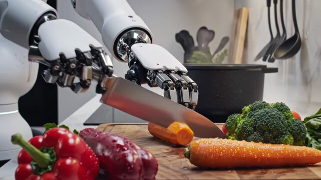 Robot arms cutting carrot on wooden board with vegetables 4k video