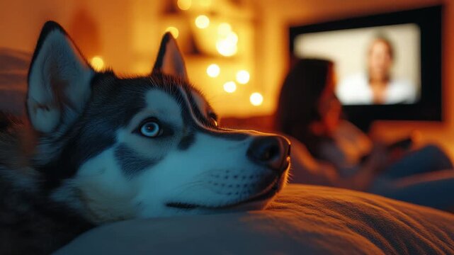Dog watches TV with owner during evening in cozy living room with lights on