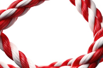 A close-up of a circular rope made of intertwined red and white strands, on white