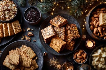 Fototapeta premium Festive Christmas table setting with Finskbrod, cookies, nuts, dried fruits, fir branches, string lights. Concept of holiday gathering, joyful atmosphere, Finnish bread cookies, Danish festive flair.