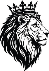 Fototapeta premium Majestic lion head with a royal crown in black and white.
