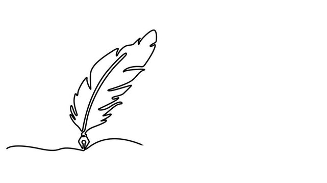 Animated self Continuous one line drawing of Scroll with inkwell and feather. Minimalist art conveying vintage writing and history. Video clip with alpha channel, Full length one line animation. 4K.