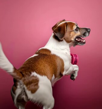 Adorable small dog holding a pink heart against a soft pink background