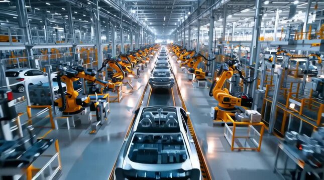 A cinematic wide shot of a modern automotive factory assembly line with robotic arms working in sync. Dozens of partially assembled cars move along conveyor belts under bright, clean industrial lighti