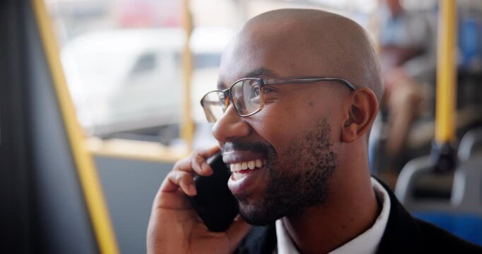 Bus, black man and phone call for talking while traveling, commute and journey to workplace. Morning, business person and public transport to office with mobile conversation, chat and networking