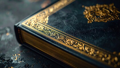 Fototapeta premium Antique Black Leather Bound Book With Ornate Gold Gilded Edges And Intricate Embellishments On A Dark Textured Surface