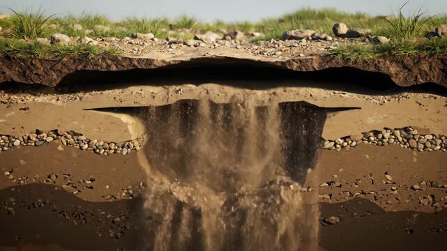 Cross Section of Underground Sinkhole Collapse with Falling Soil and Rocks