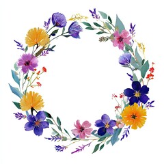 Watercolor floral wreath with various blooms, leaves, and a soft, airy feel