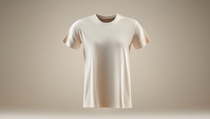 A plain light beige tshirt rendered in 3D floating gently against a soft neutral gradient background
