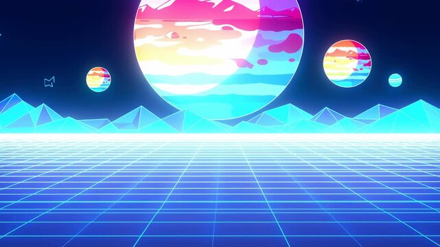 Retro Vaporwave With Floating Spheres. Reflective Sea And Glowing Orbs Create Virtual Cosmos Scene
