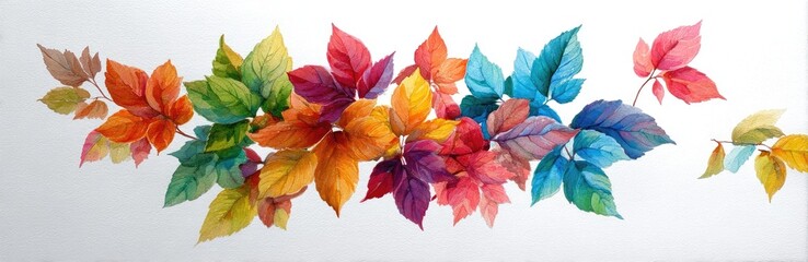 Watercolor painting of colorful leaves in a horizontal design, ranging in hue, on a white background