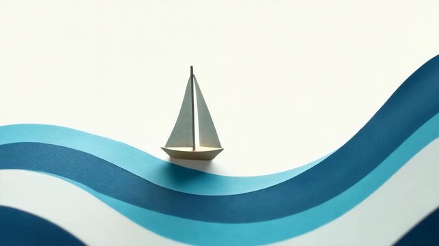 Creative minimalist paper boat sailing on abstract blue waves background. Concept of travel, adventure and freedom. Perfect for marine, nautical and creative design themes.