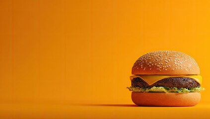 A perfectly crafted burger with sesame seed bun, cheese, patty & lettuce against an orange backdrop