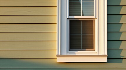 A window with a white frame sits in front of a green wall