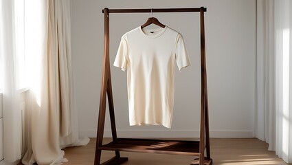 A simple cream colored tshirt hanging on a wooden garment rack in a welllit room