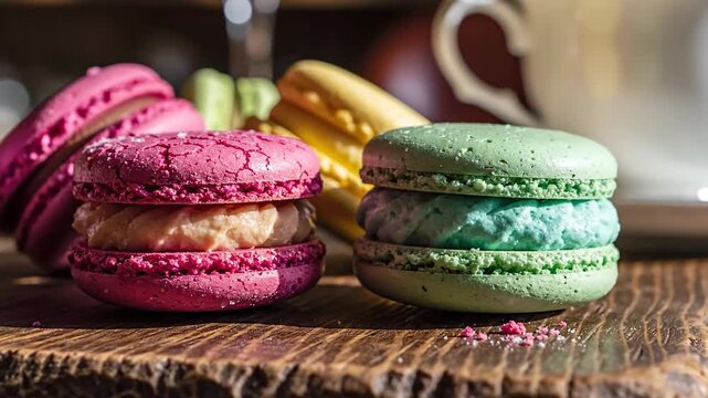 Colorful macarons on wood