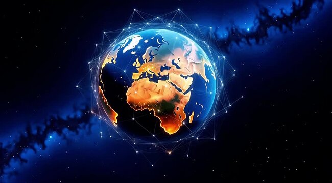 A glowing digital illustration of Earth from space shows connections and networks